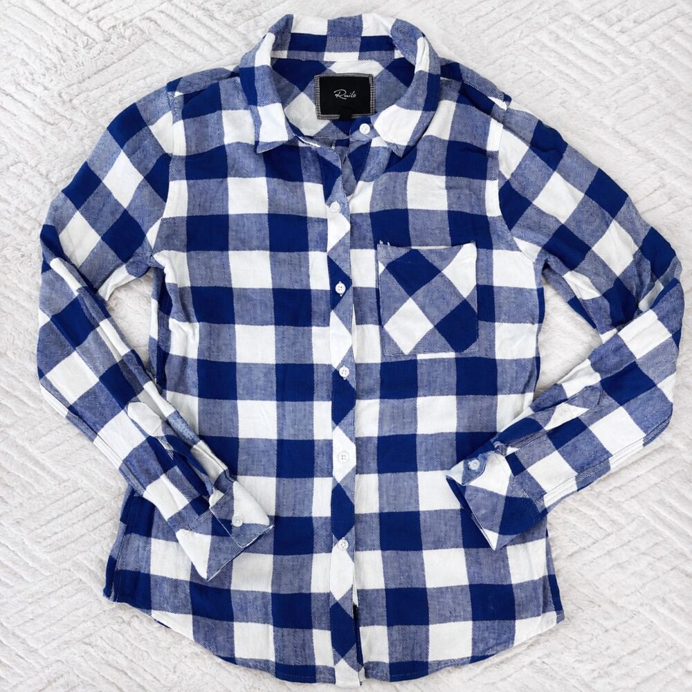 Rails Women XS Hunter Shirt Blue White Buffalo Plaid Rayon Flannel Button Up